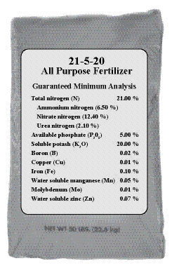 Figure 10.3 - An example of a fertilizer label for an "all purpose" fertilizer. The top numbers (in bold) represent the percentage of nitrogen, phosphorus, and potassium respectively (21%N, 5% P2O5, and 20% K2O). Multiplying these percentages by the pounds of bulk fertilizer applied per acre will give the quantity of each nutrient applied per acre. In this analysis, 500 pounds of fertilizer in this analysis would deliver 105 lbs N, 25 lbs P2O5 ,100 lb K2O, 0.1 lbs B, 0.05 lbs Cu, and so on.