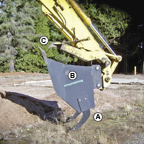 Figure 10.10 - The subsoiling grapple rake is a quick-mounting attachment to excavating machinery that combines several operations in one: (A) subsoiling with winged tines, (B) soil incorporation with bucket, and (C) removal of rock and slash with grapples (Photo courtesy of Mike Karr, Umpqua National Forest).