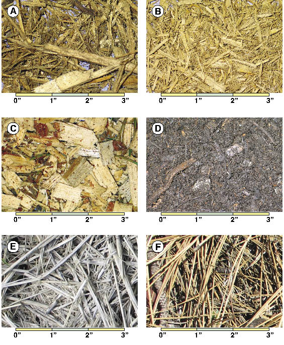 Figure 10.18 - Examples of different types and textures of mulches: ( A) freshly ground coarse wood passing a 3 inch screen; (B) freshly ground coarse wood passing a 1.5 inch screen; (C) freshly chipped wood; (D) composted mixtures of ground wood, biosolids, and yard wastes passing a 1.5 inch screen; (E) weathered straw; (F) ponderosa pine needles.