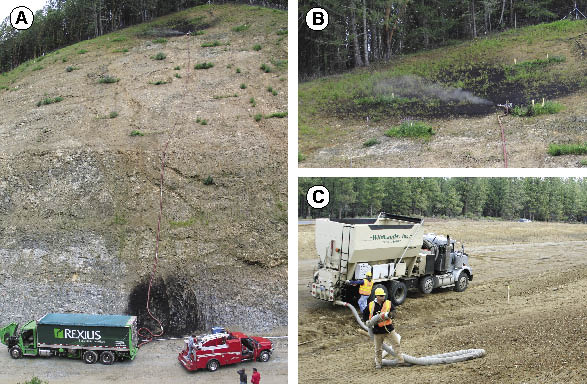 Figure 10.20 - Wood fiber mulch is applied on steeper slopes with mulch blowing equipment. Large trucks can hold between 75 and 100 yards of mulch (A) while smaller trucks can hold up to 25 yards (C). Mulch is pneumatically delivered to the site through an application hose which can reach several hundred feet up steep slopes (A) with still enough force for ample delivery of mulch (B).