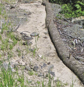 Figure 10.45 Photo- Fill slope microcatchments take advantage of the low infiltration rates of compacted fill slopes (A) by capturing the runoff from road drainage at the bottom of the fill into topsoil or amended subsoil favorable for plant growth (B). The extra water from these surfaces can support trees and shrubs. Straw waddles, as shown in the picture on the right, can be used in fill slope microcatchments to collect water and sediment. Straw waddles must be installed on the contour and keyed into the soil to be effective.