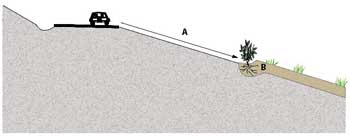 Figure 10.45 Diagram- Fill slope microcatchments take advantage of the low infiltration rates of compacted fill slopes (A) by capturing the runoff from road drainage at the bottom of the fill into topsoil or amended subsoil favorable for plant growth (B). The extra water from these surfaces can support trees and shrubs. Straw waddles, as shown in the picture on the right, can be used in fill slope microcatchments to collect water and sediment. Straw waddles must be installed on the contour and keyed into the soil to be effective.