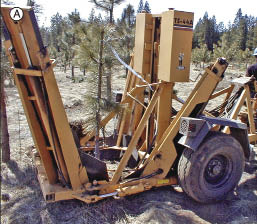 Figure 10.61a - Mechanical tree spades (A) can extract large plants quickly. A planting hole must be excavated prior to transplanting (B) and this can be accomplished with a tree spade. Photo credit: Chris Jensen, USFS.