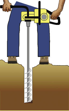 Figure 10.121a - Power augers are effective because one trained operator determines the depth and spacing of the planting holes (A). Auger bits come in a variety of sizes to accommodate the large stocktypes favored in restoration plantings (B). 