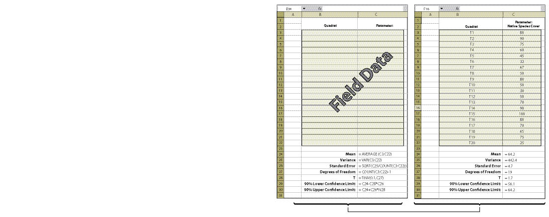 Figure 12.20 - This figure shows how confidence intervals are obtained from a spreadsheet developed for rectilinear sampling designs.