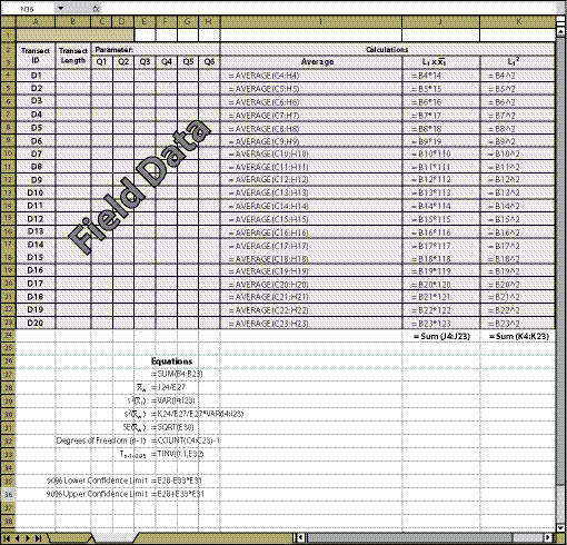 Figure 12.21 - Confidence intervals for dispersed areas using the systematic sampling design can be obtained by using the equations shown in this spreadsheet.