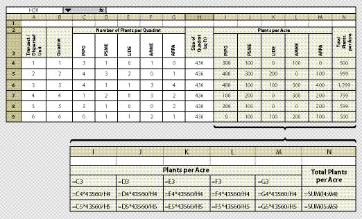 Figure 12.9 - Prior to monitoring, a list of planted species are identified in cells C3 through G3. At each plot, the number of plants of each species is recorded in columns C through G. The size of the quadrat is recorded in Column H (a 1/100 acre plot is 436 ft2). Using the equations shown in the inset for Columns I through N, the number of plants per species per acre is calculated. Column N sums the total number of plants per acre as represented in each plot. Fill in cells I4 through N4 with the equations, then copy to the remaining cells. Note: There is only one quadrat per transect.