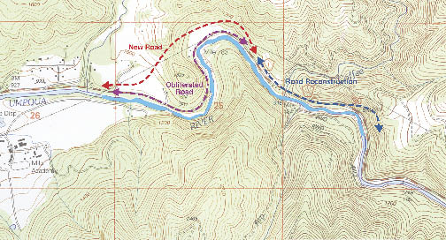 Figure 4.2C — In this example, a portion of an existing road will be reconstructed; a new road section will be constructed through a forested area; and the section of road that is not needed will be obliterated and revegetated.