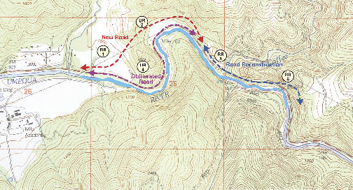 Figure 4.2D — The proposed road location was surveyed on the ground by specialists in soils and botany. The survey identified old disturbances that had revegetated naturally over the last 50 years to a community of native grasses and forbs. Several disturbed reference sites (RR1, RR5 and RR6) were identified. Intensive soil and vegetation surveys were conducted at each site. For the new stretch of forest road, undisturbed reference sites (UR2 and UR4) were identified and surveyed.