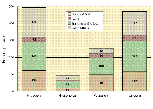 Figure 5.28 - Most of the nutrients found in a young Douglas-fir stand reside in the litter, duff, and branches (adapted from Cole and Johnson 1981).