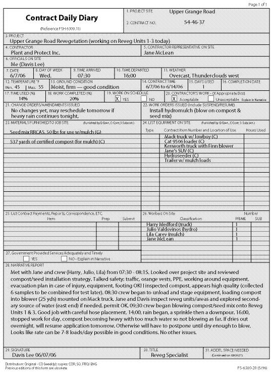 Figure 9.3 - Example of contract daily diary (source: USDA Forest Service).